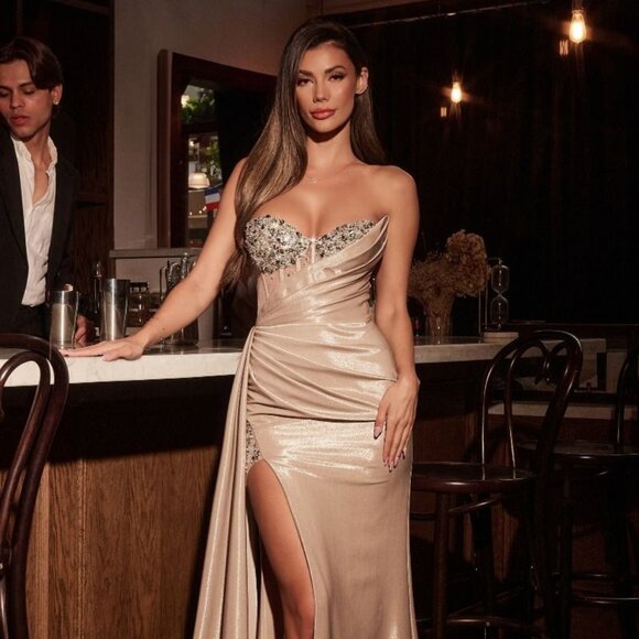 NEW FORMAL RHINESTONES EMBELLISHED PROM LONG SEMI STRETCH TAFFETA DRESS CD382 - Picture 4 of 9